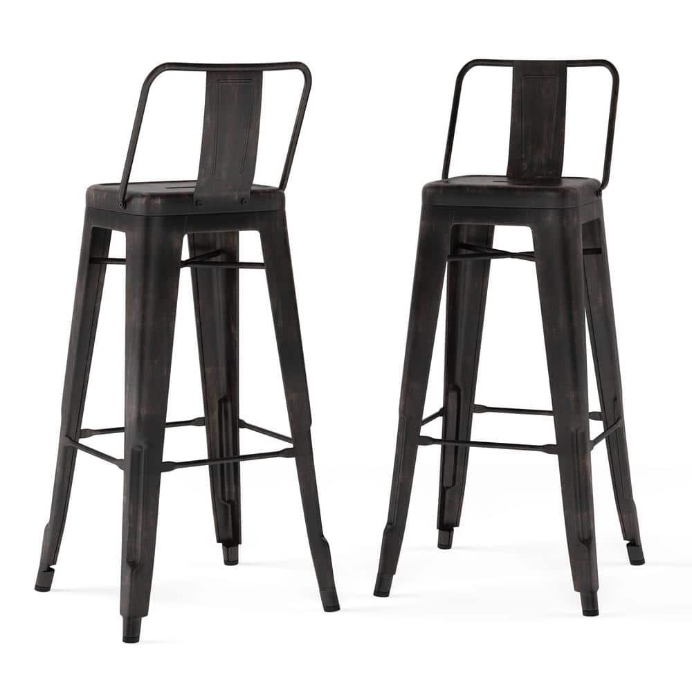 Simpli Home Rayne 30" Metal Bar Stool in Distressed Black (Set of 2)