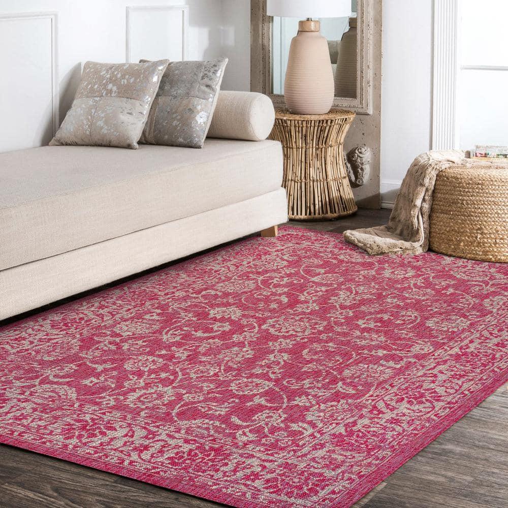 9' x 12' Tela Bohemian Textured Weave Floral Indoor/Outdoor Area Rug, Fuchsia/Light Gray - JONATHAN Y