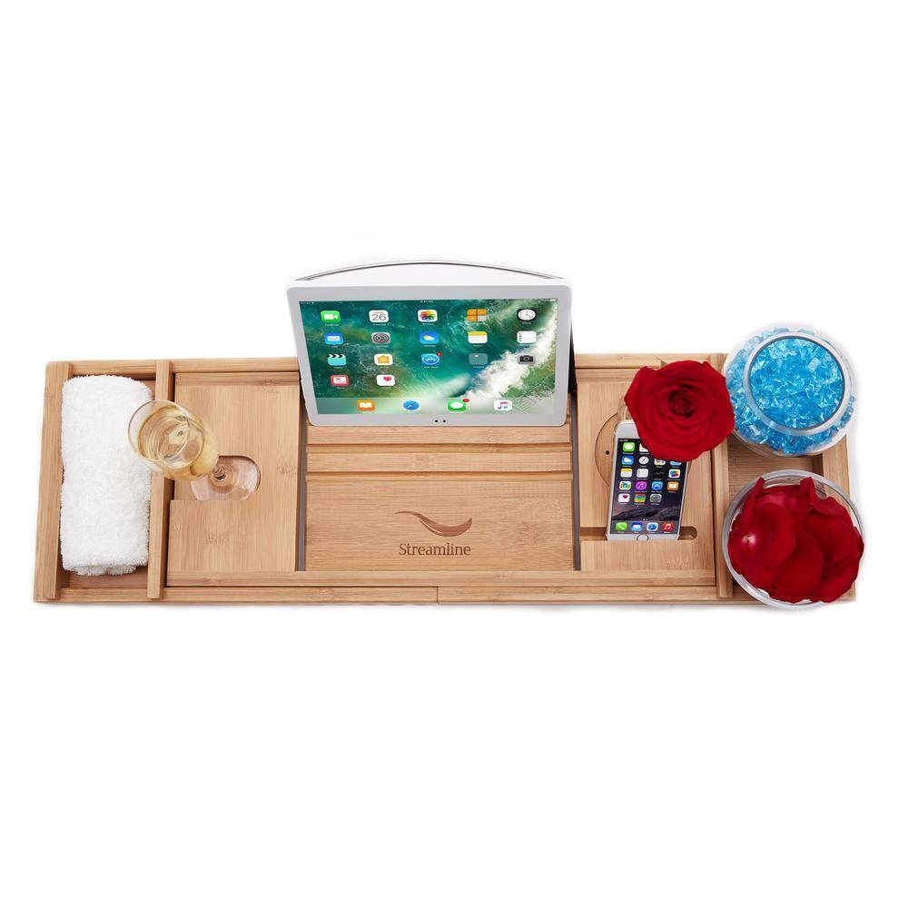 59" Streamline Freestanding Soaking Acrylic Bathtub With Drain and Bamboo Tray