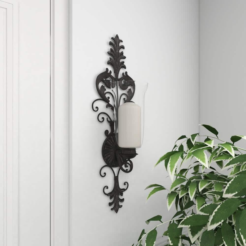 DecMode Bronze Glass Wall Sconce with Scroll Designs