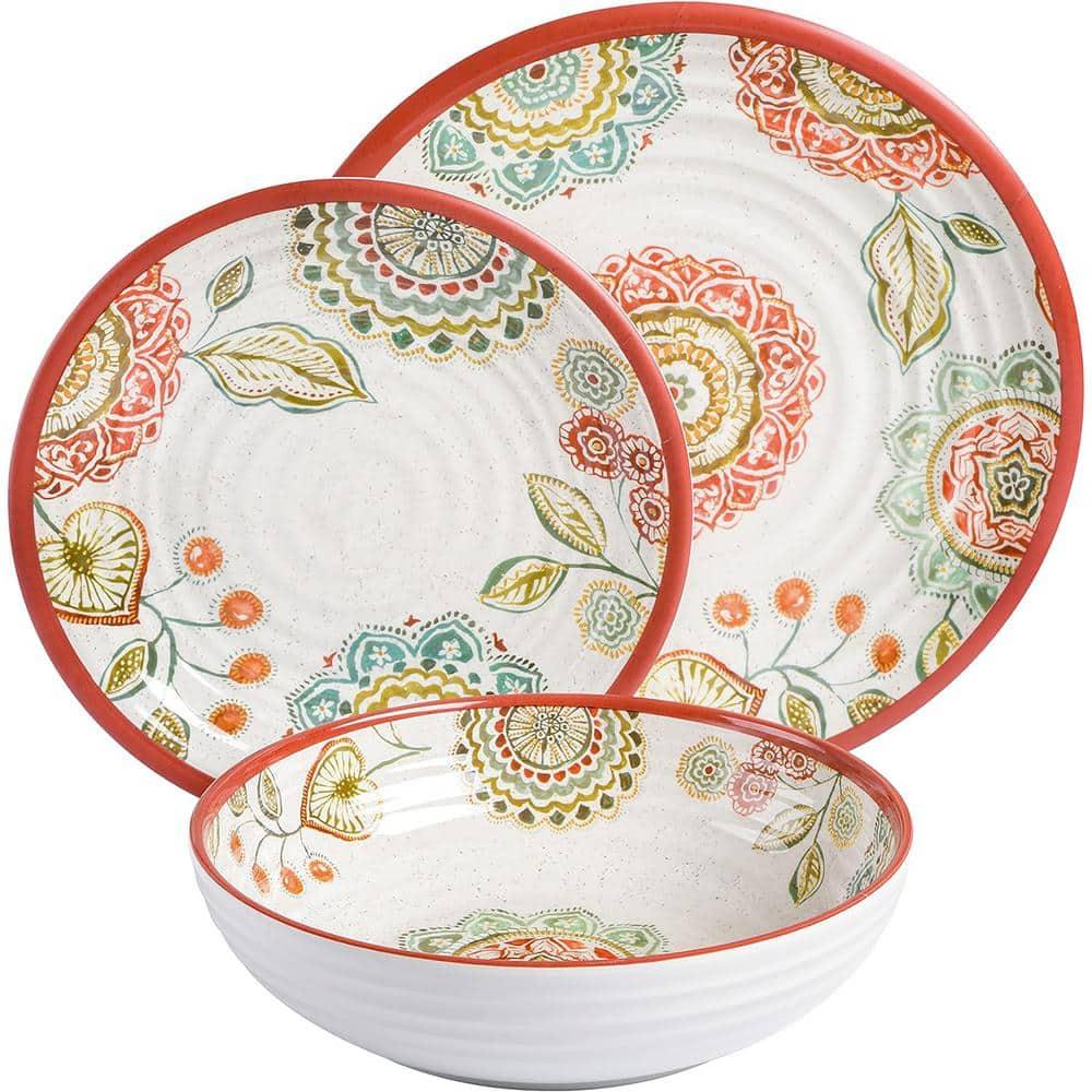 Laurie Gates Brick Floral Ripple 12 Piece Melamine Dinnerware Set in Red