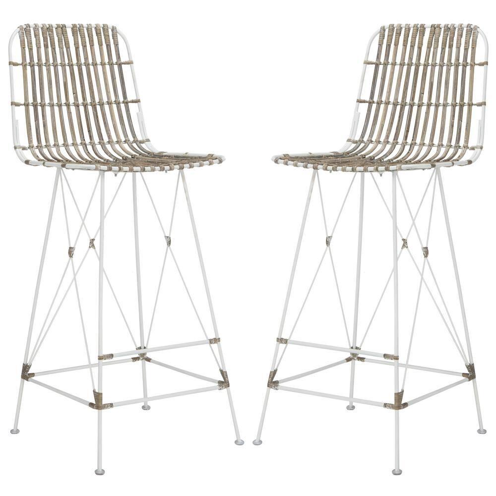Minerva Wicker Bar Stool (Set of 2) - WIK6508 - White/White - Safavieh