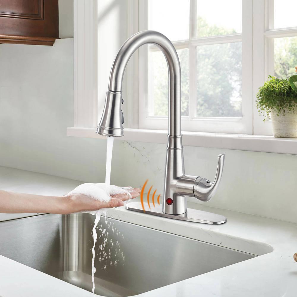 Touchless Gooseneck Single Handle Pull Down Sprayer Kitchen Faucet with Deckplate Pull Out Sink Faucet in Brushed Nickel