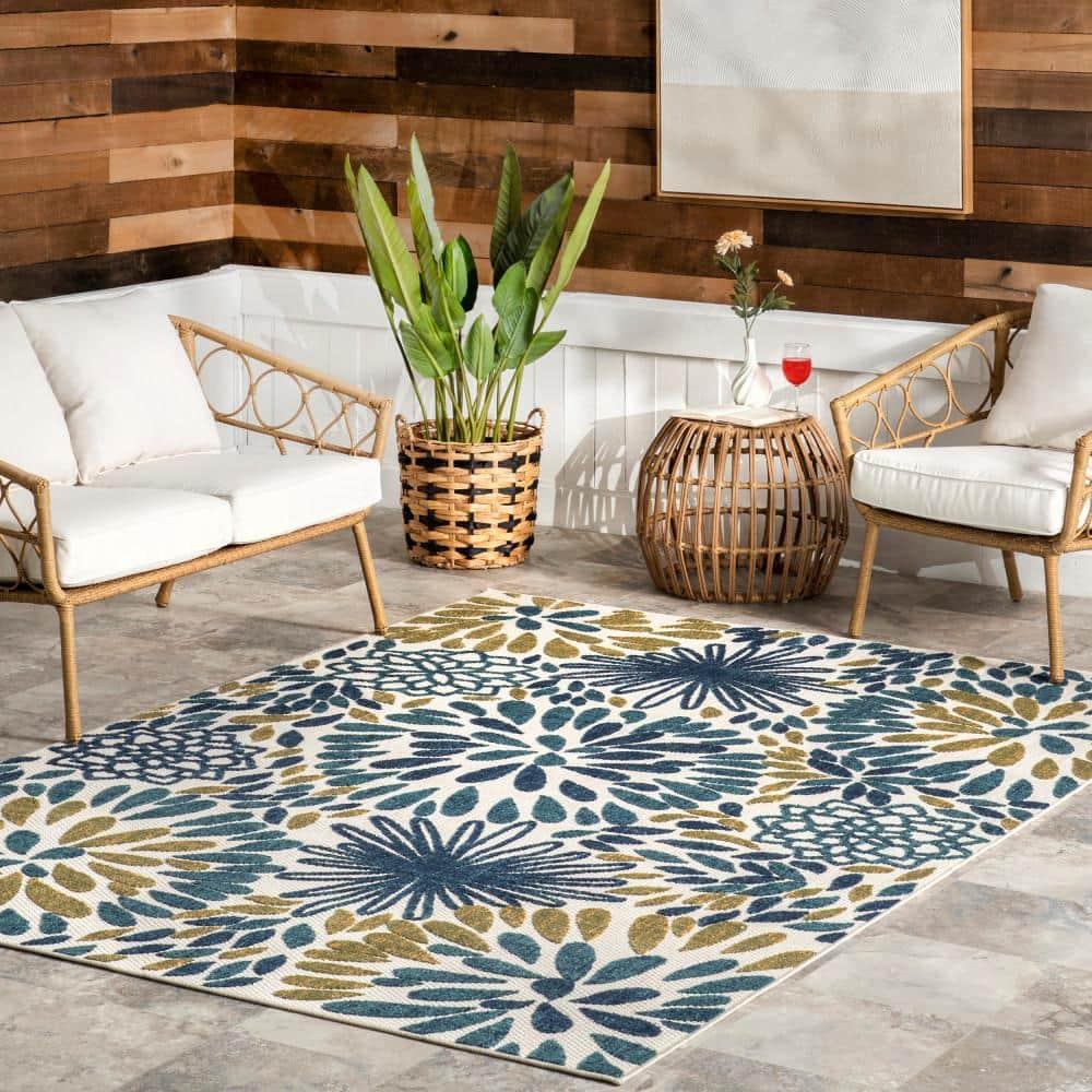 Teal and Olive Green Floral Synthetic 8' x 10' Area Rug
