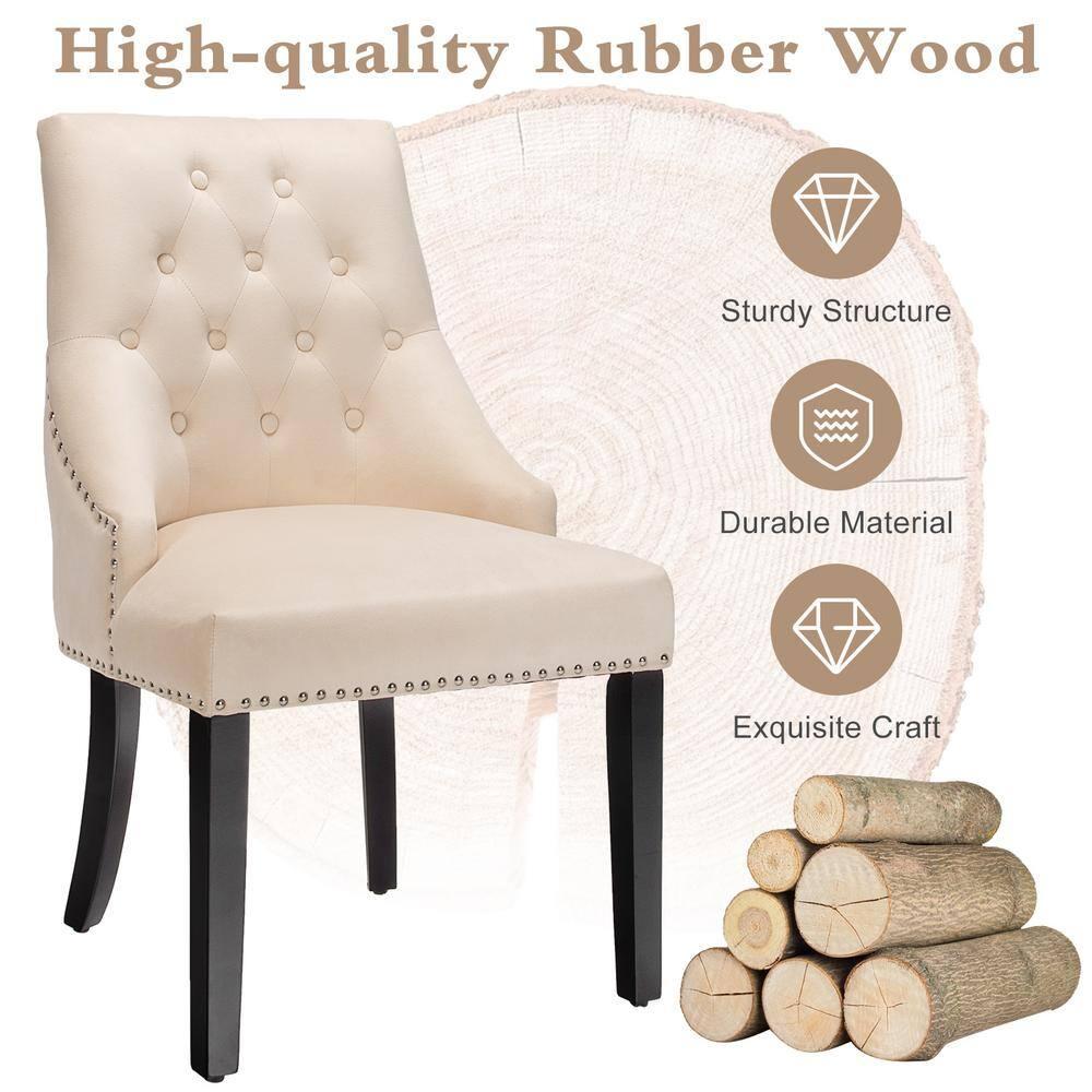 Velvet Dining Chair Upholstered Tufted Armless w/ Nailed Trim & Ring Pull Beige