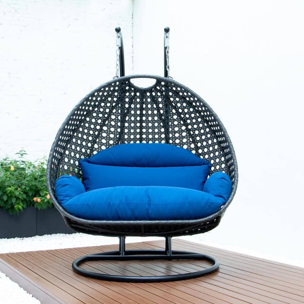 LeisureMod Charcoal Rattan Wicker Double 2 Person Egg Swing Chair with Stand, Blue Cushion