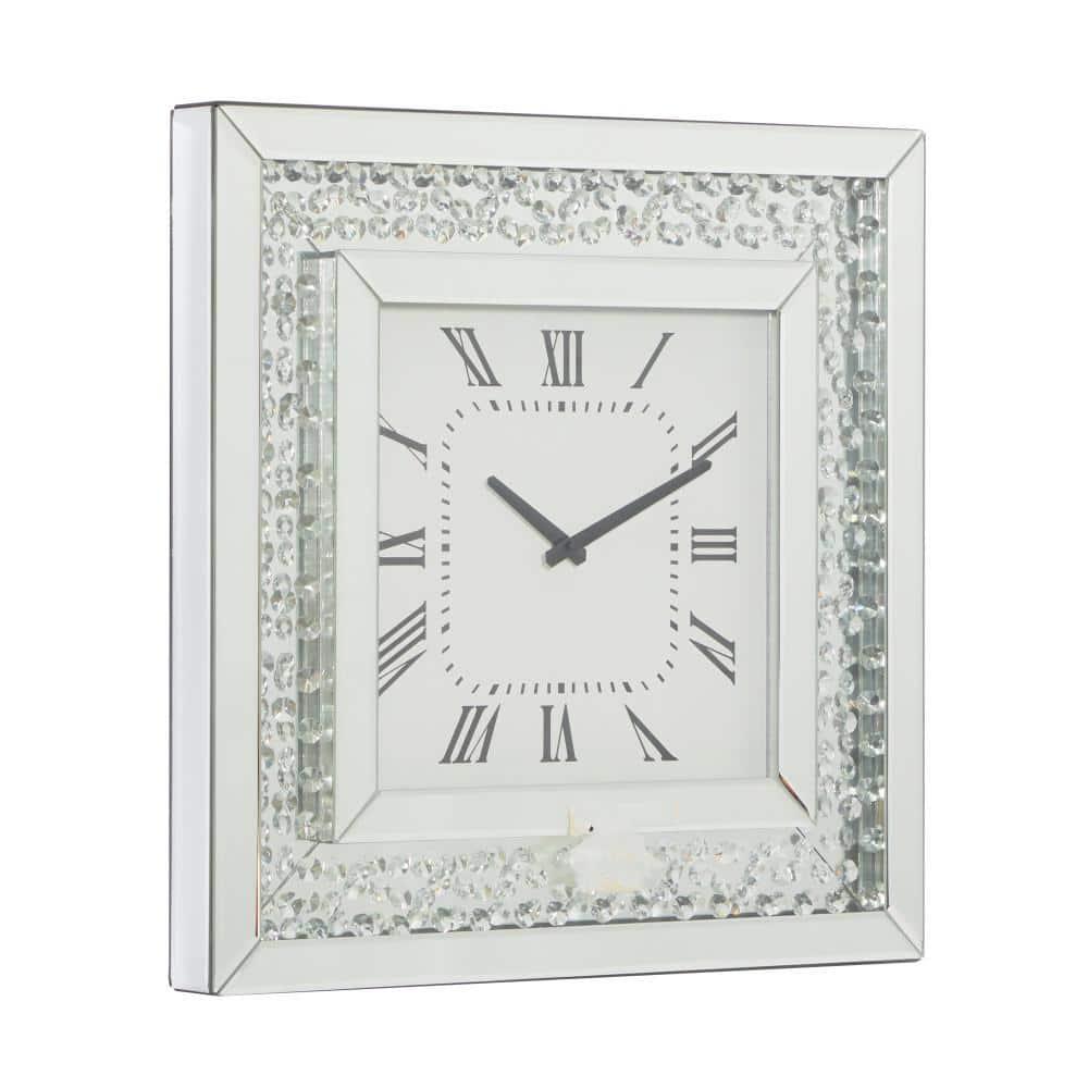Wood Mirrored Wall Clock with Floating Crystals Silver - Olivia & May: Silent, Art Deco Style, Square Shape