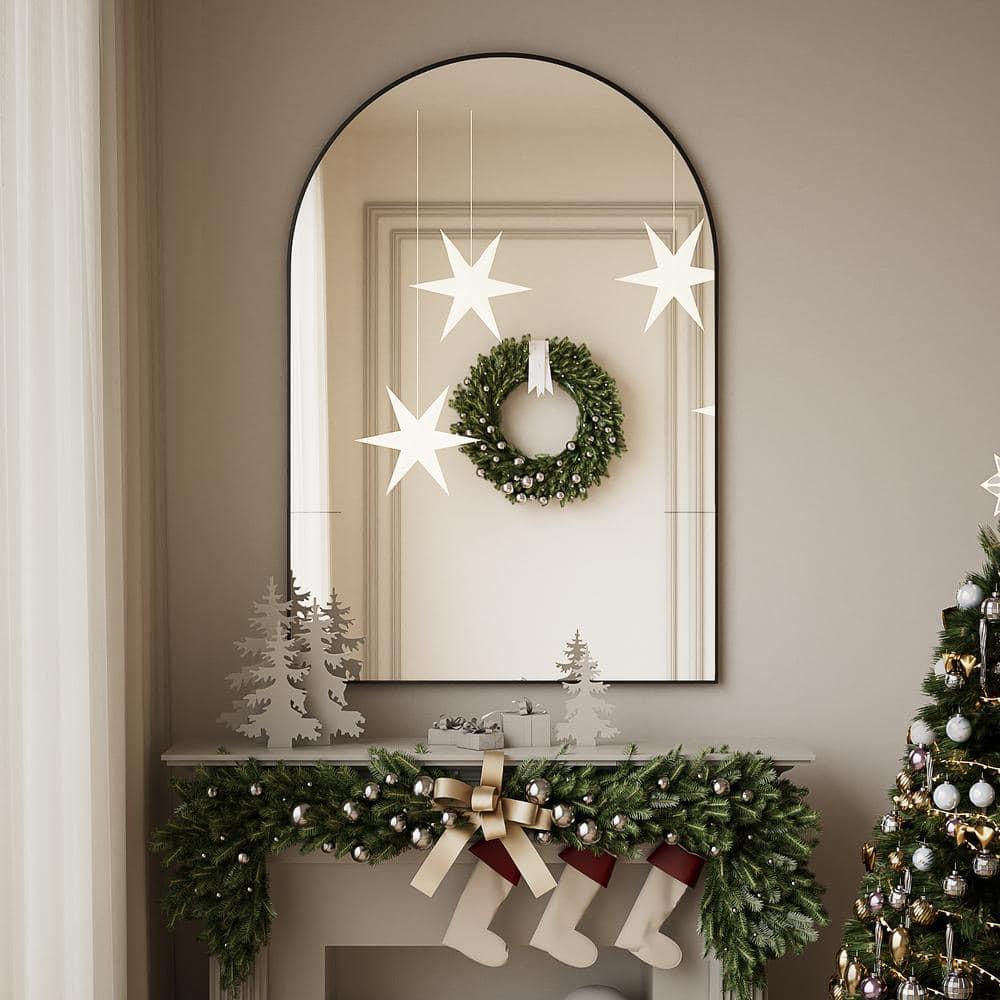 24 in. W x 36 in. H Arched Black Aluminum Alloy Framed Wall Mirror