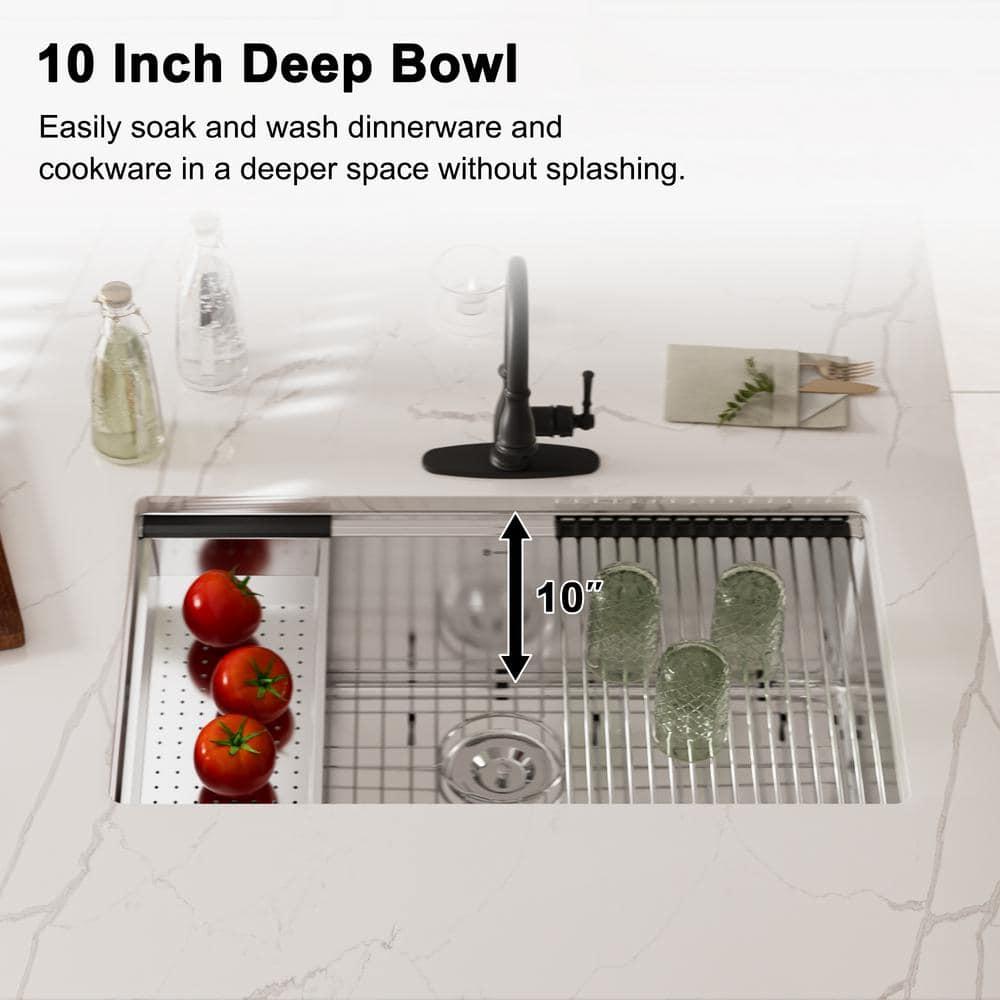 32 in. Undermount Single Bowl 18-Gauge Stainless Steel Kitchen Sink with Cutting Board, Rolling Drying Rack and Colander