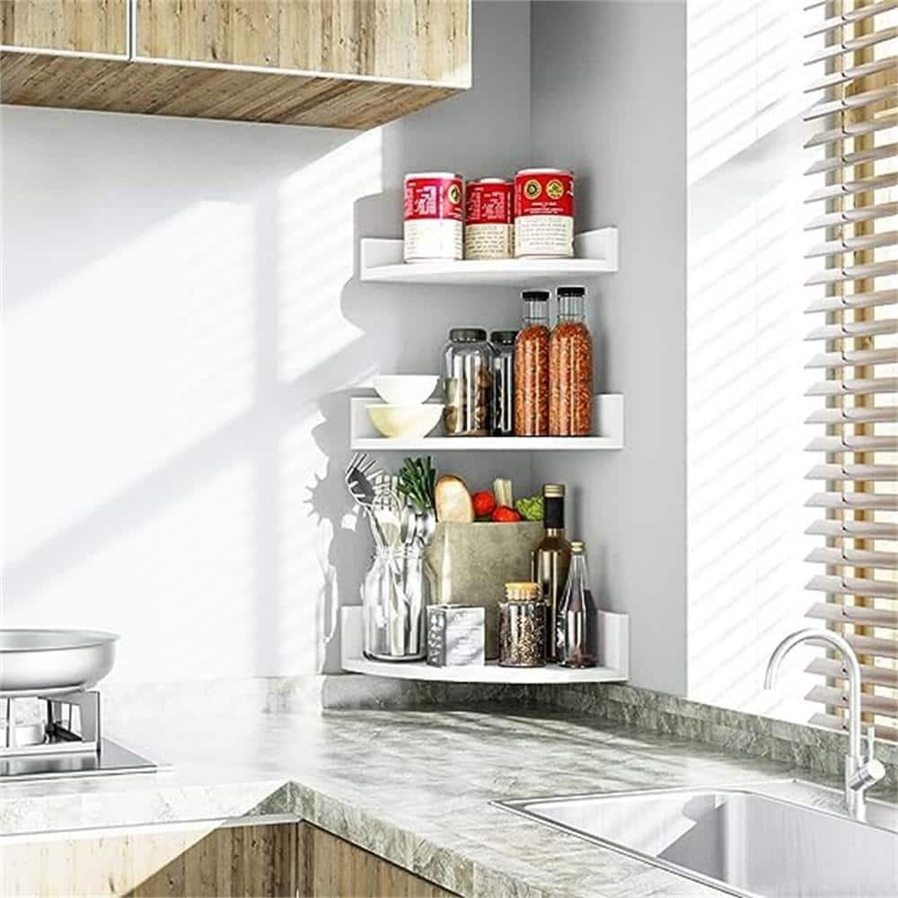Homode Floating Corner Shelves, Set of 3 Wood Corner Wall Shelves with Wire Hole, 12 Inch Deep Hanging Corner Display Shelf for Living Room, Kitchen, Bedroom, White