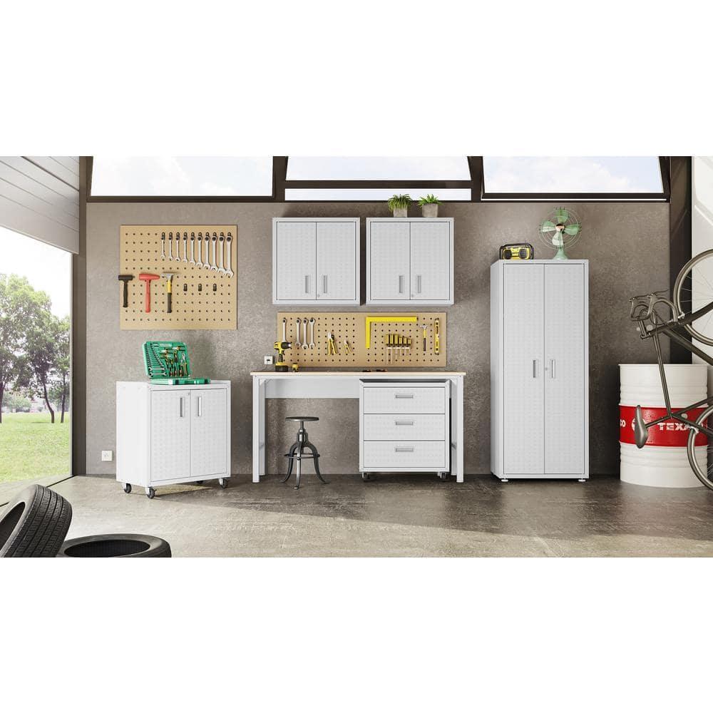 Manhattan Comfort Fortress Metal Mobile Garage Cabinet with Shelves in White