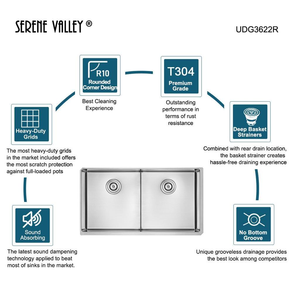 Serene Valley UDG3622R 36 in. Double Bowl Undermount Kitchen Sink, Thin Divider and Heavy-Duty Grids