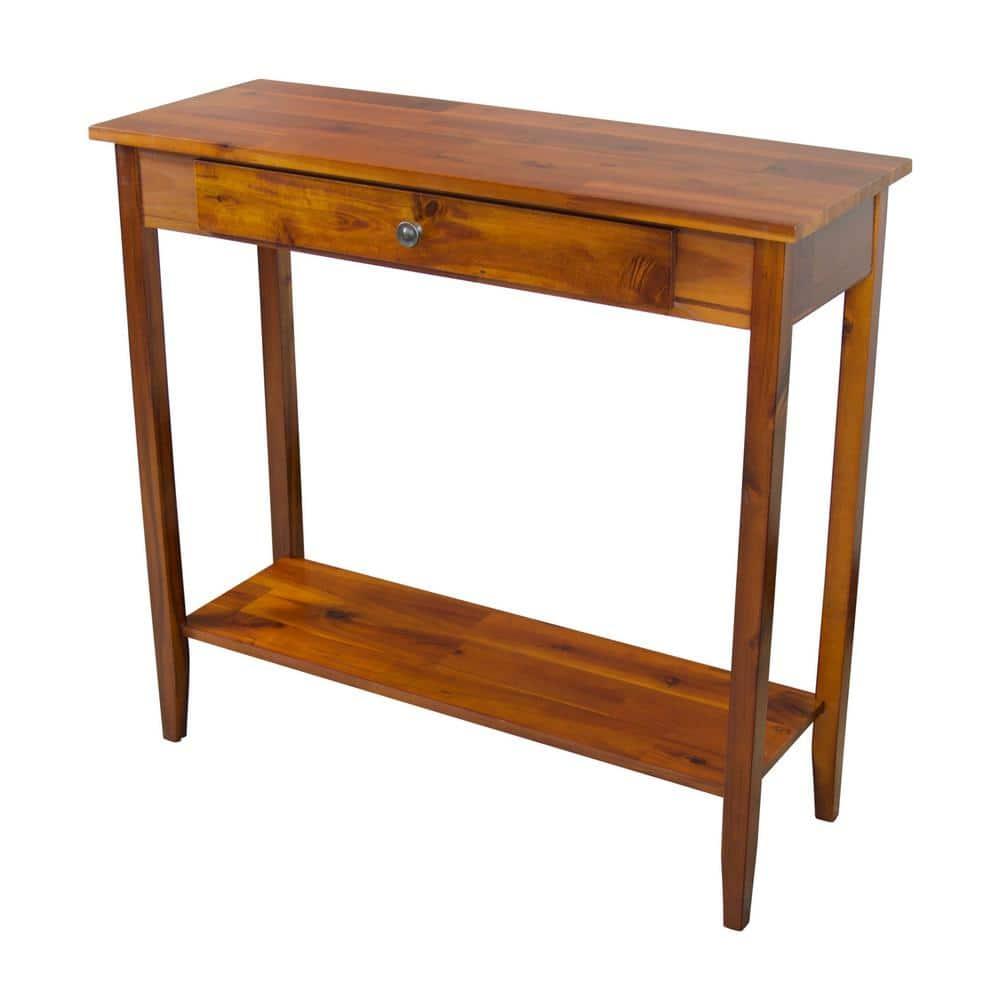 Casual Contemporary Living Solid Acacia Console Table with Drawer & Bottom Shelf- Mahogany