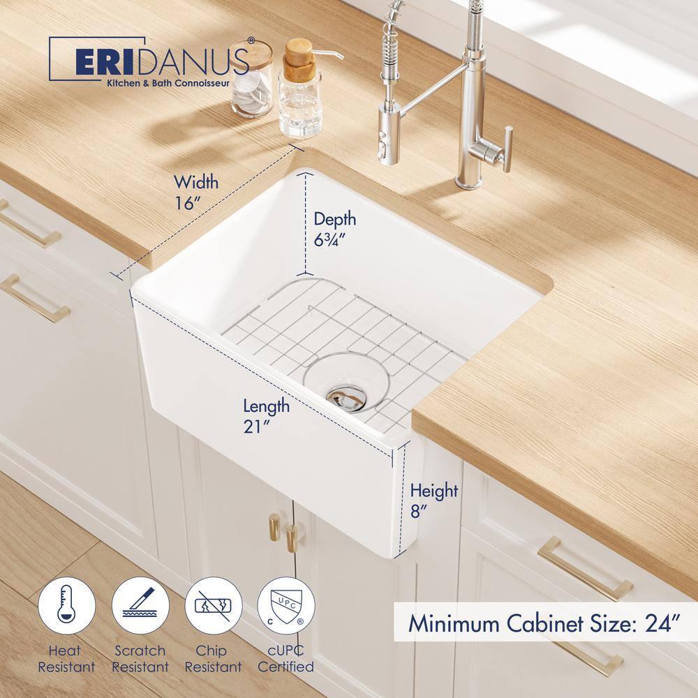 Denbigh 21" L x 16" W Farmhouse Apron-Front Kitchen Sink with Sink Grid and Pop-Up Drain, Laundry Sink