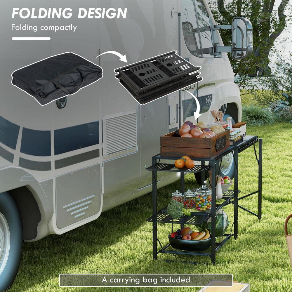 Outsunny Folding Camp Kitchen, Camping Table Cooking Station with Adjustable Lamp Stand