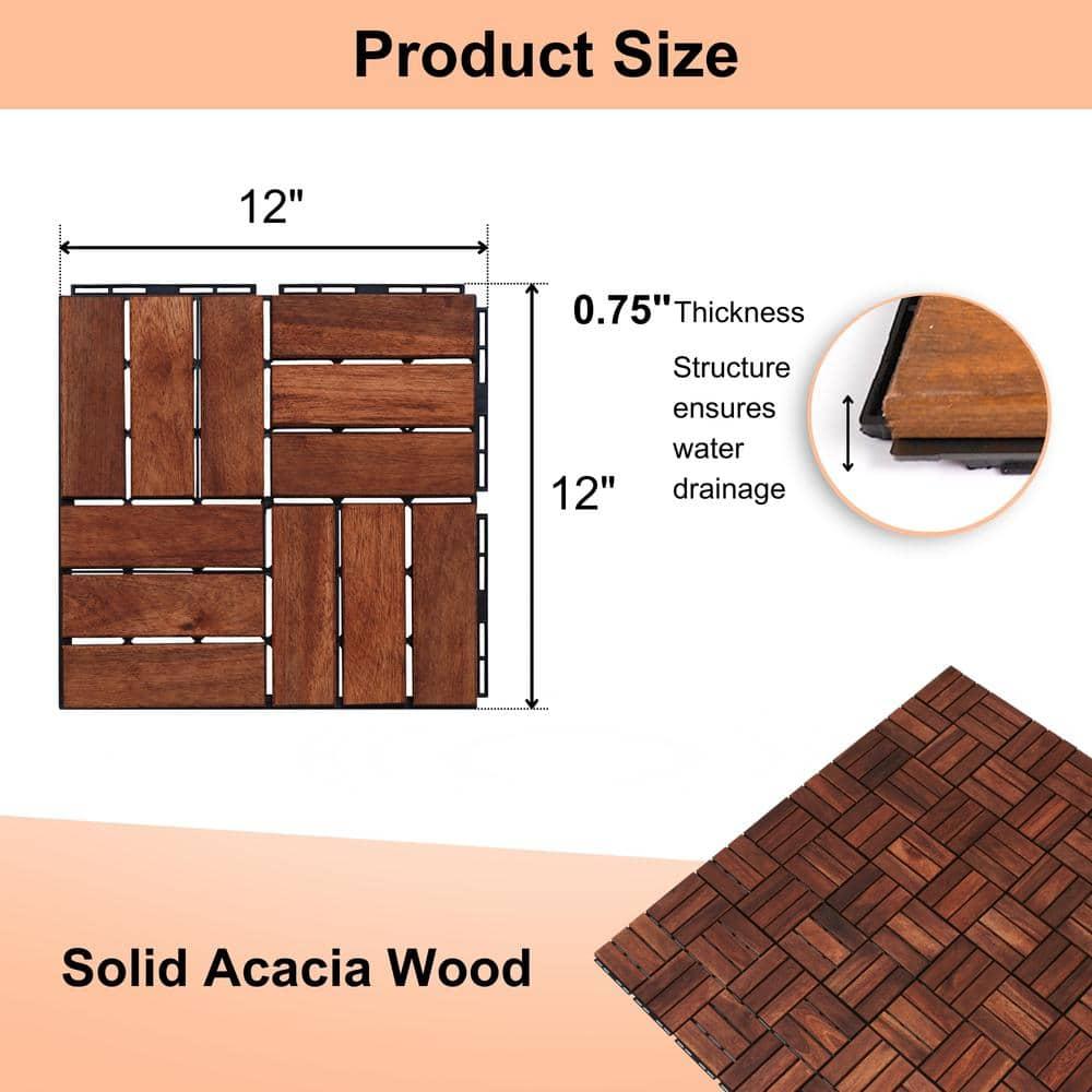12" x 12" Brown Acacia Wood Interlocking Deck Tiles Set