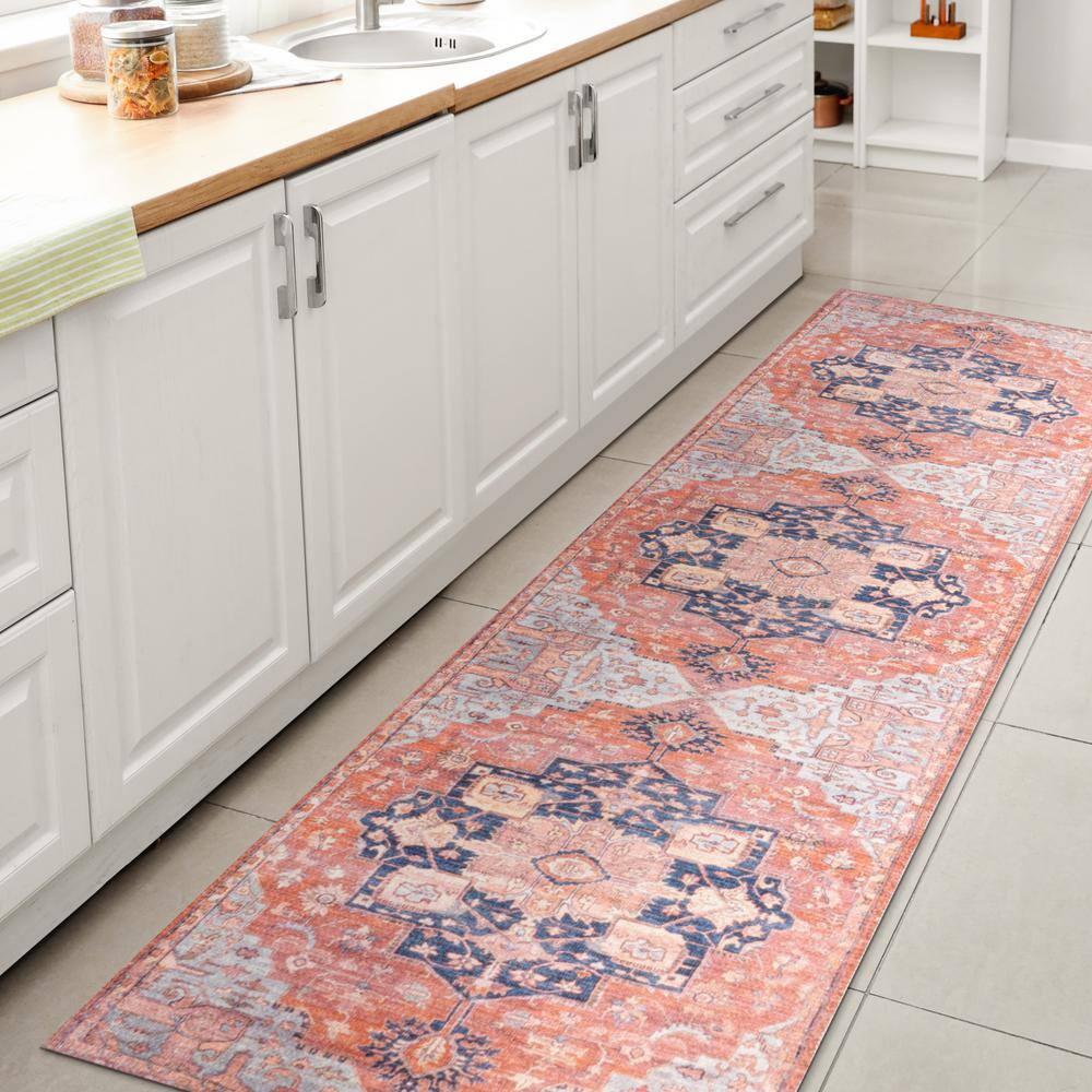 2' x 8' Maris Ornate Medallion Machine Washable Indoor/Outdoor Runner Rug, Orange/Cream - JONATHAN Y