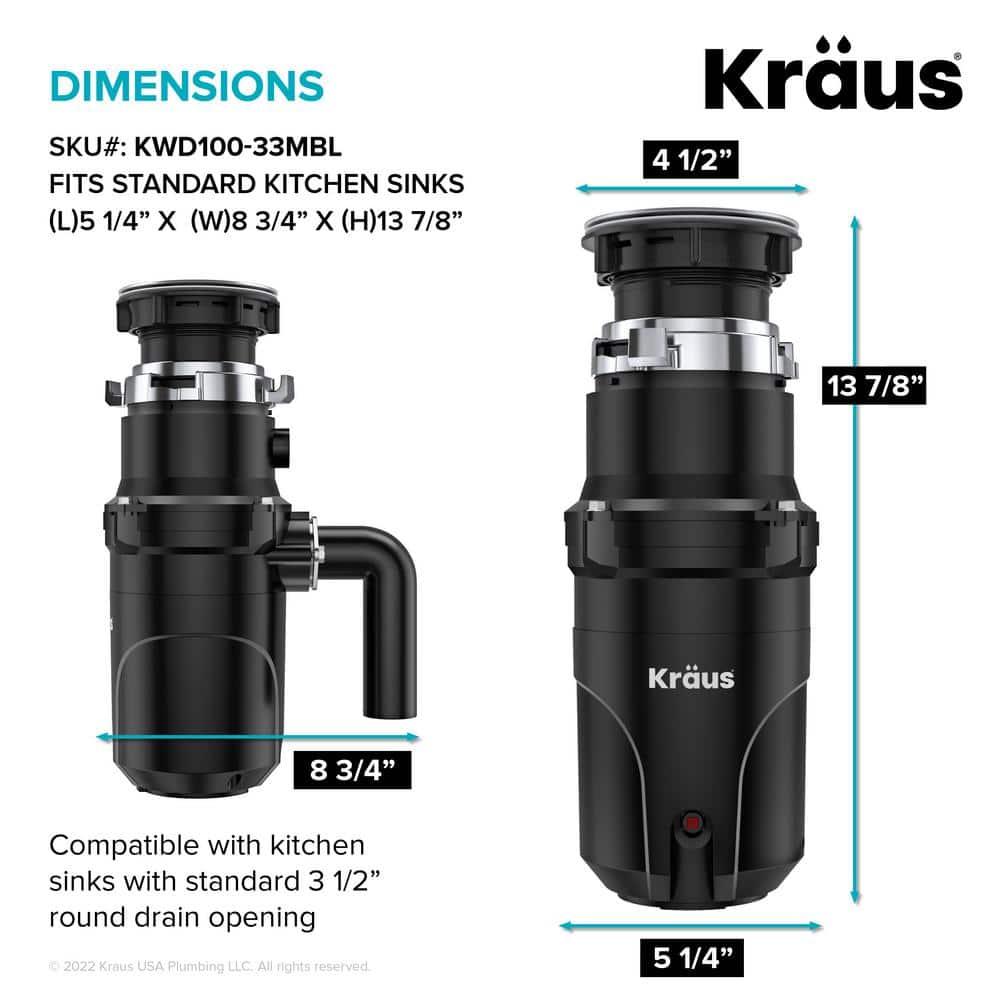 Kraus 1/3 HP WasteGuard High-Speed Ultra-Quiet Motor Garbage Disposal with Quick Connect Mount
