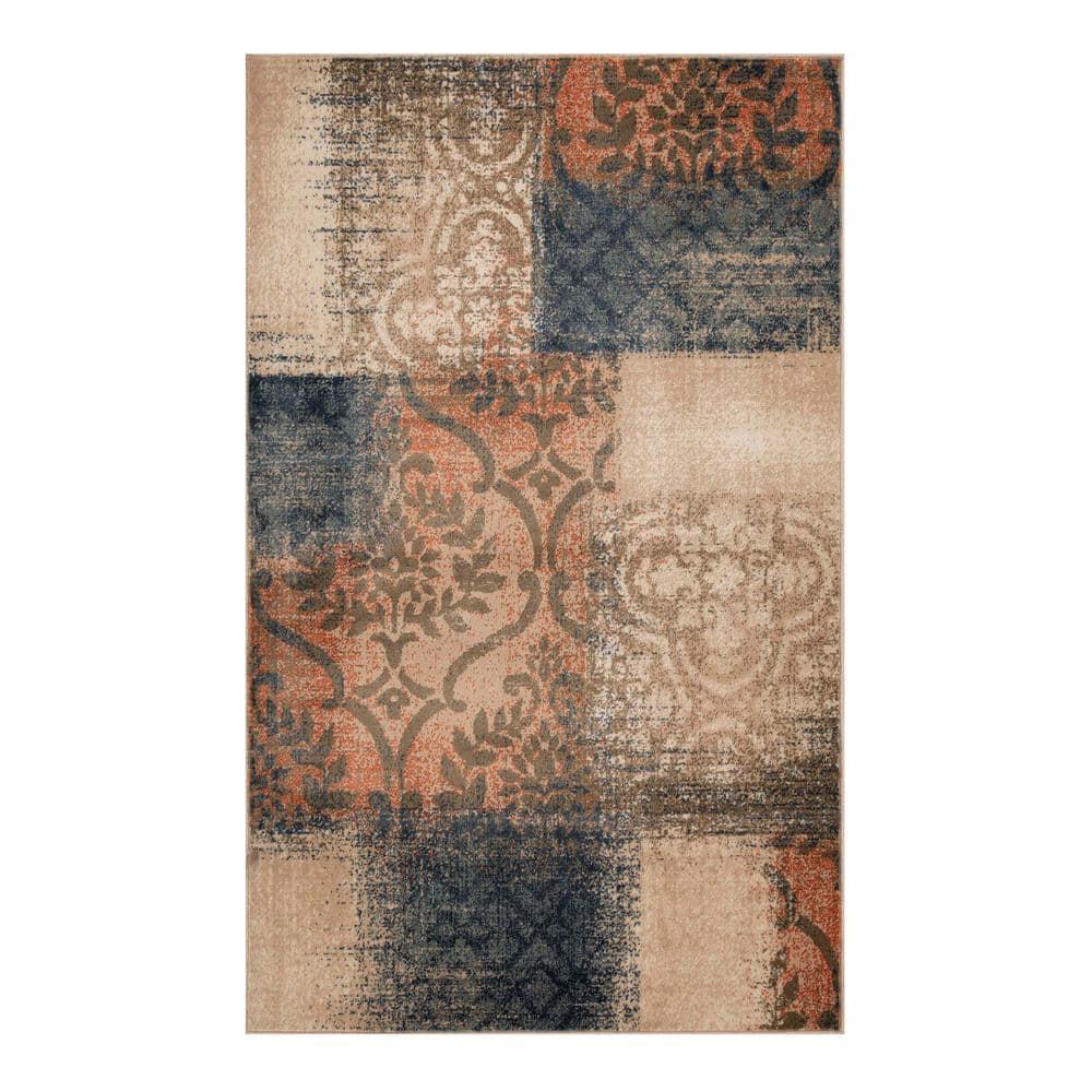 Superior Bristol 8' x 10' Indoor Area Rug, Damask Rugs for Living Room Bedroom, Midnight Navy-Salmon