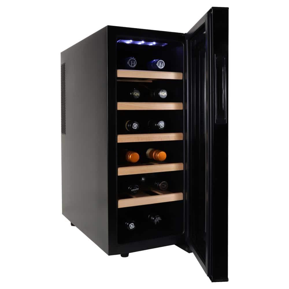 Koolatron Wine Cooler Refrigerator 12 Bottle Deluxe Countertop Compact Wine Cellar, Small Freestanding: Black Glass Door, Thermoelectric, 6 Shelves