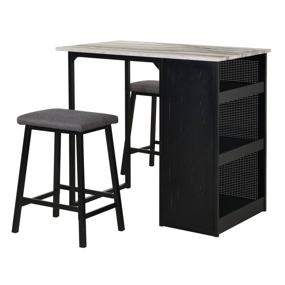 3 Piece Counter Height Faux Marble Dinette Set with Black Iron Metal Frame