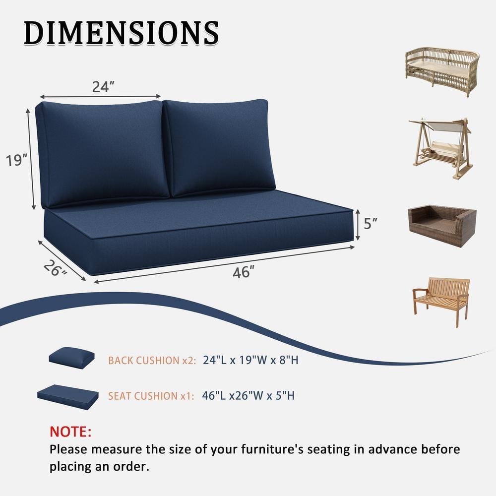 Outdoor Loveseat Cushion, Waterproof Fade & Tear Resistant Seat and Backrest Cushion Set for Patio Furniture,46x24 Inch, Navy