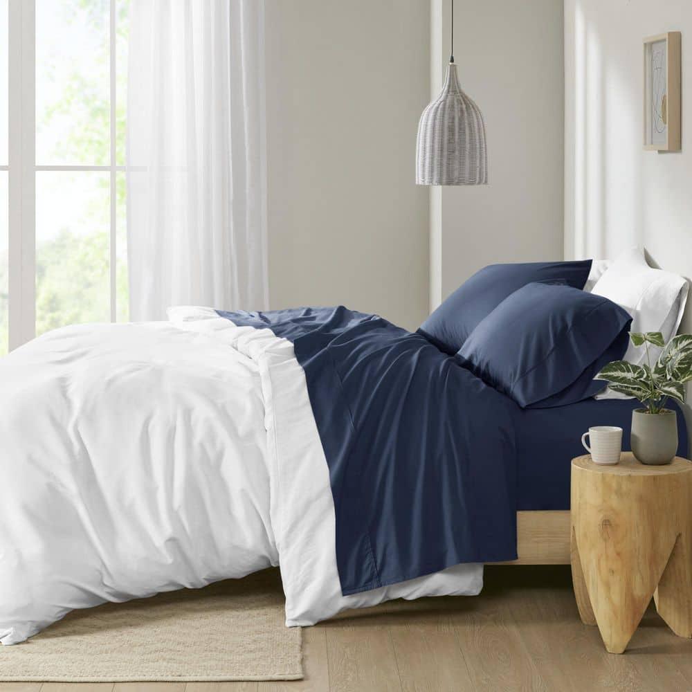 King 200 Thread Count Cotton Peached Percale Sheet Set Navy