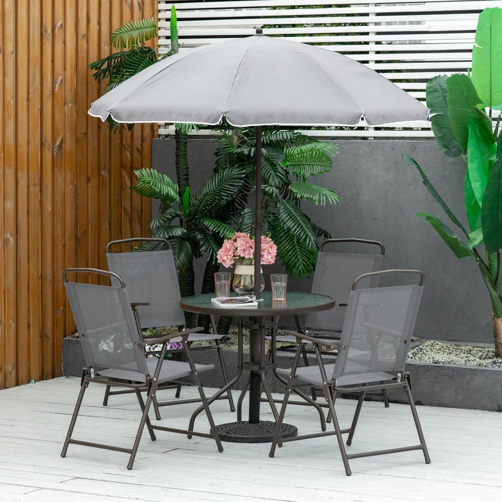 Outsunny 6 Piece Patio Dining Set for 4 with Umbrella, 4 Folding Dining Chairs & Round Glass Table for Garden, Backyard, and Poolside, Gray