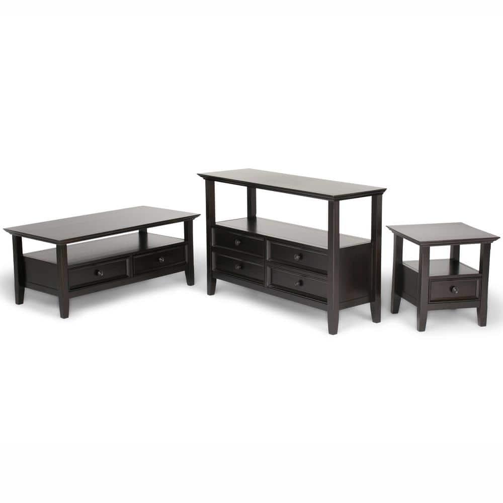 Simpli Home Amherst 44"W Solid Wood Transitional Coffee Table with Open Shelf and 2 Drawers