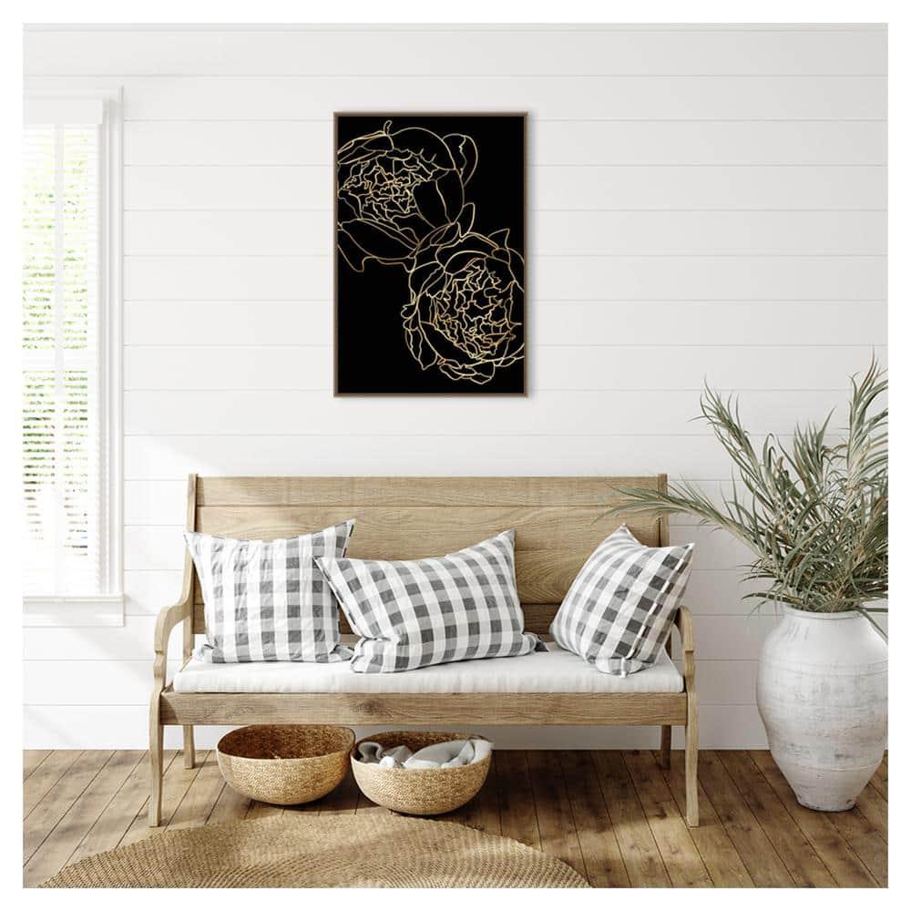 23"x33" Peonies in gold and black by Rosana Laiz Blursbyai Framed Canvas Wall Art Print Bronze - Amanti Art: Vertical Lithograph, Modern Decor