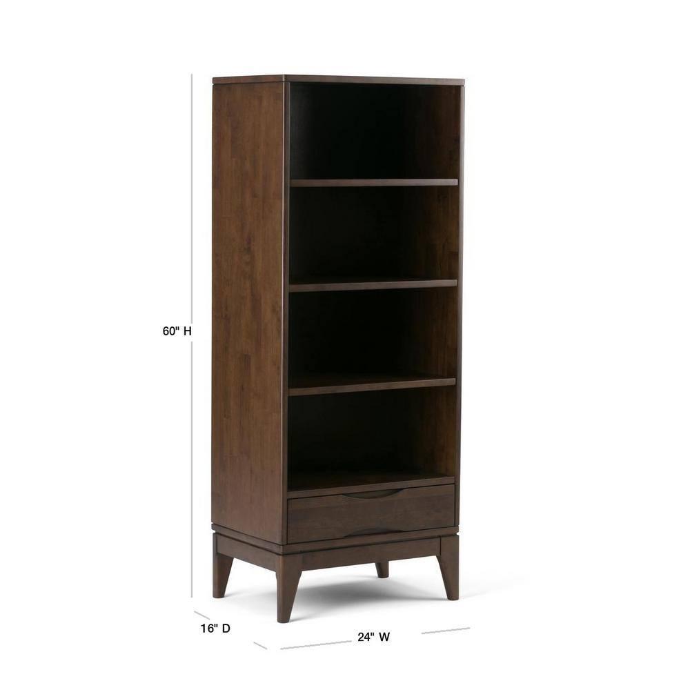 Simpli Home Harper 24"W Solid Hardwood 4 Shelf Mid-Century Modern Bookcase with Drawer and Adjustable Shelves