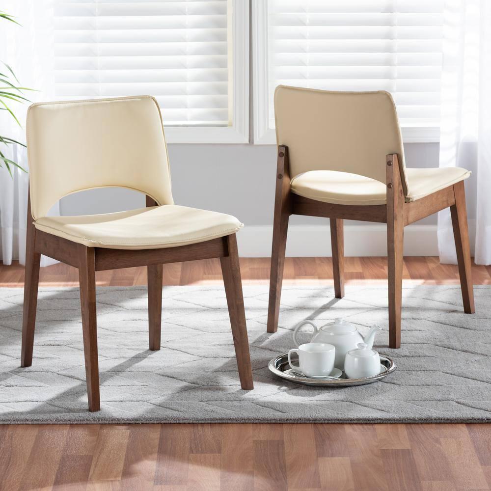 2pc Afton Faux Leather Upholstered and Wood Dining Chair Set Beige/Walnut Brown - Baxton Studio