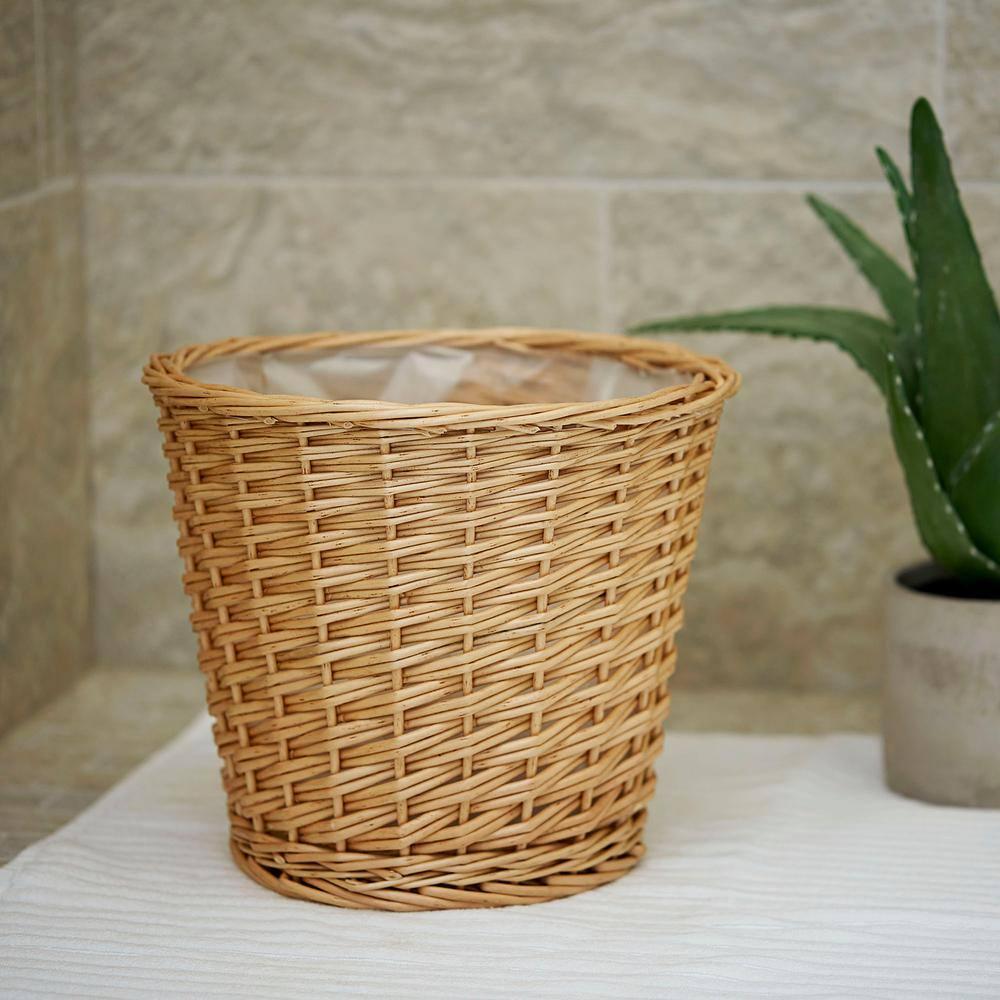 Household Essentials Willow Wicker Waste Basket, Medium, Handwoven with Built-In Plastic Liner, Durable and Attractive Weave, Tapered Design, Compact, Eco-Friendly, Easy to Clean, Natural