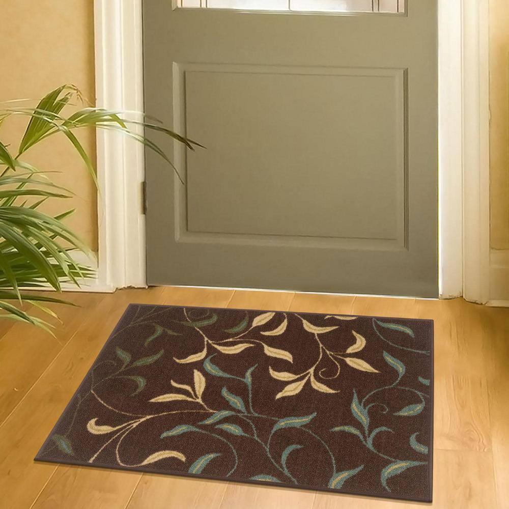 Ottohome Non-Slip Leaves Area Rug For Living Room, Hallway Runner, Entryway Rug, Brown