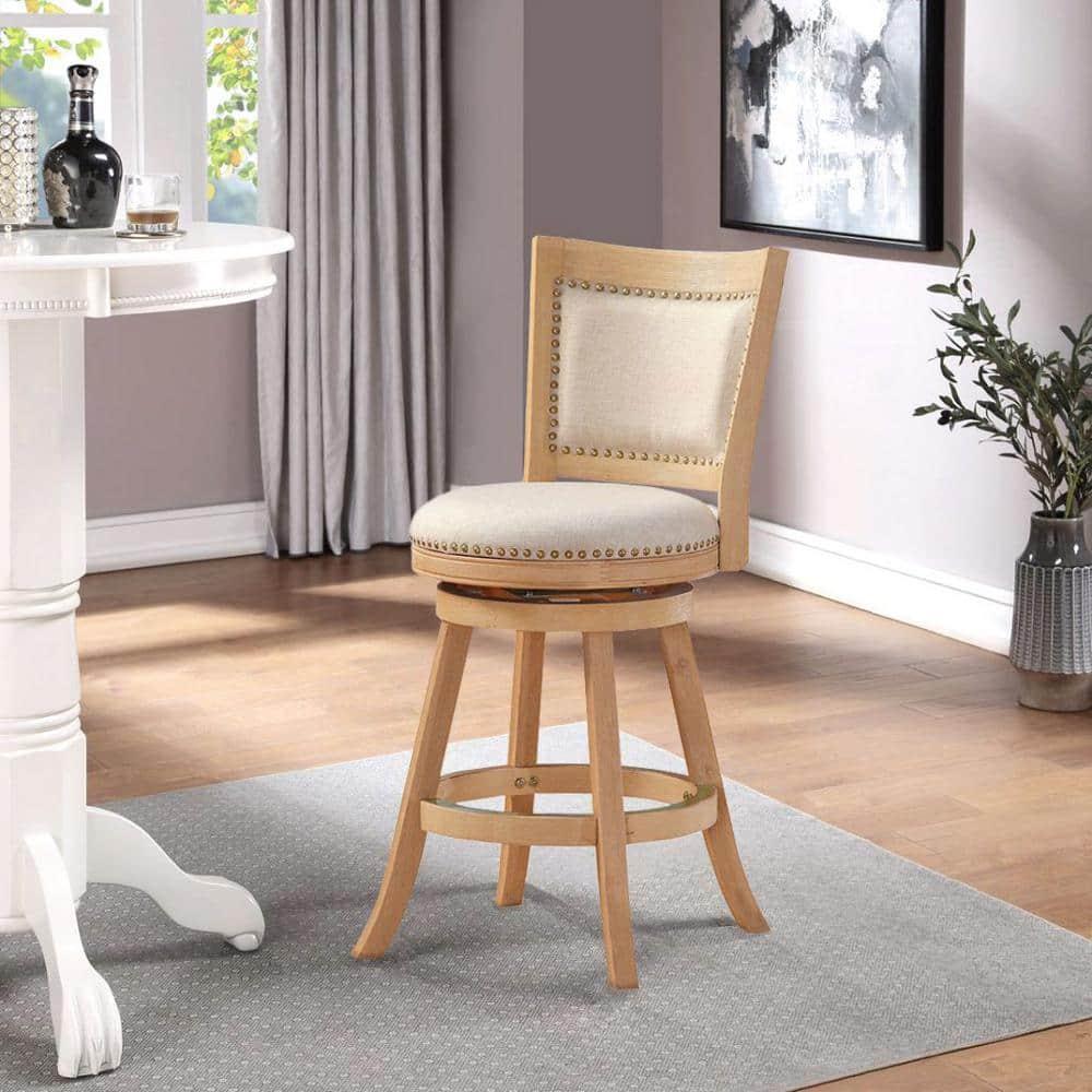 Boraam Melrose Distressed 24" Counter Height Barstool - Driftwood Crème: Linen Upholstery, Nailhead, Swivel, Wood Legs
