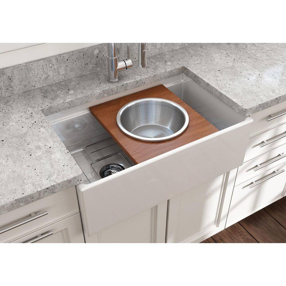 BOCCHI Wood Board With Large Round Stainless Steel Mixing Bowl And Colander F/1344, 1348, 1360, 1362, 1504, 1505, 1506 (Short Side Only), 1627, 1628