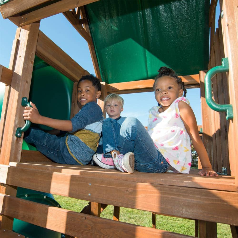 Swing-N-Slide Tellico Terrace Wooden Backyard Swing Set with Tube Slide, Wave Slide, Climbing Wall, and Swings