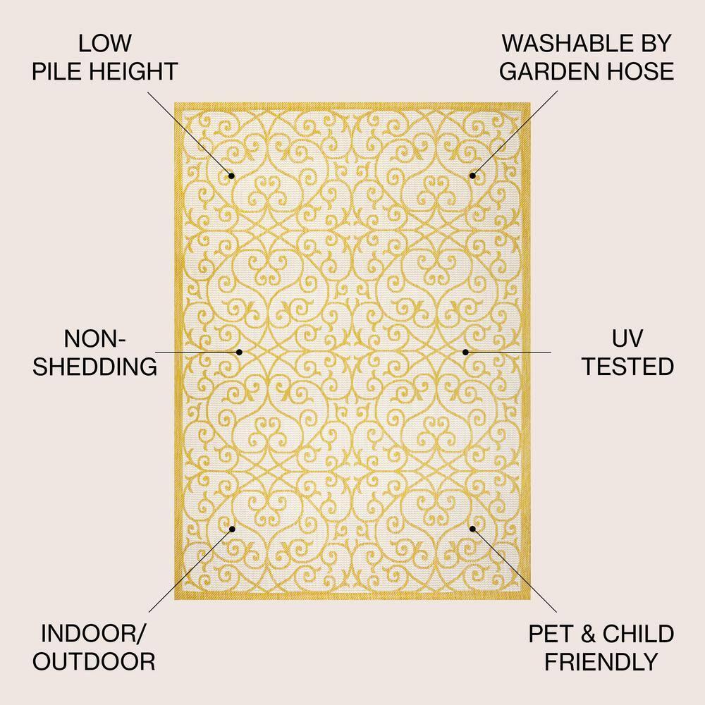 5' x 8' Madrid Vintage Filigree Textured Weave Indoor/Outdoor Area Rug, Cream/Yellow - JONATHAN Y