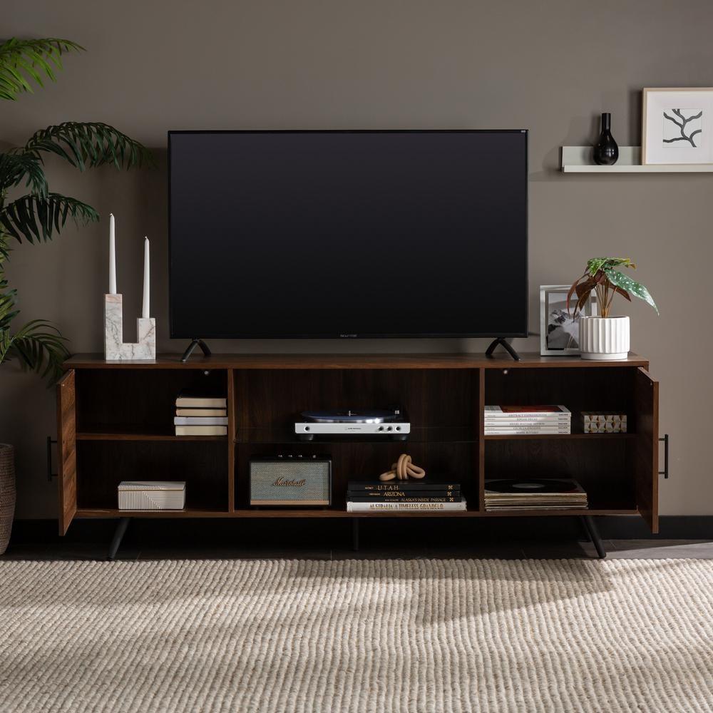 70" Dark Walnut Mid-Century Modern TV Stand with Cabinet