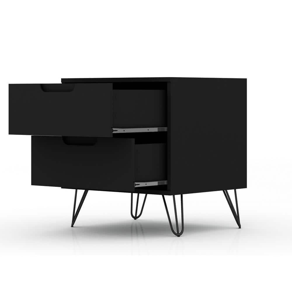 Set of 2 Rockefeller 2 Drawer Nightstands Black - Manhattan Comfort: Modern Bedside Storage Furniture