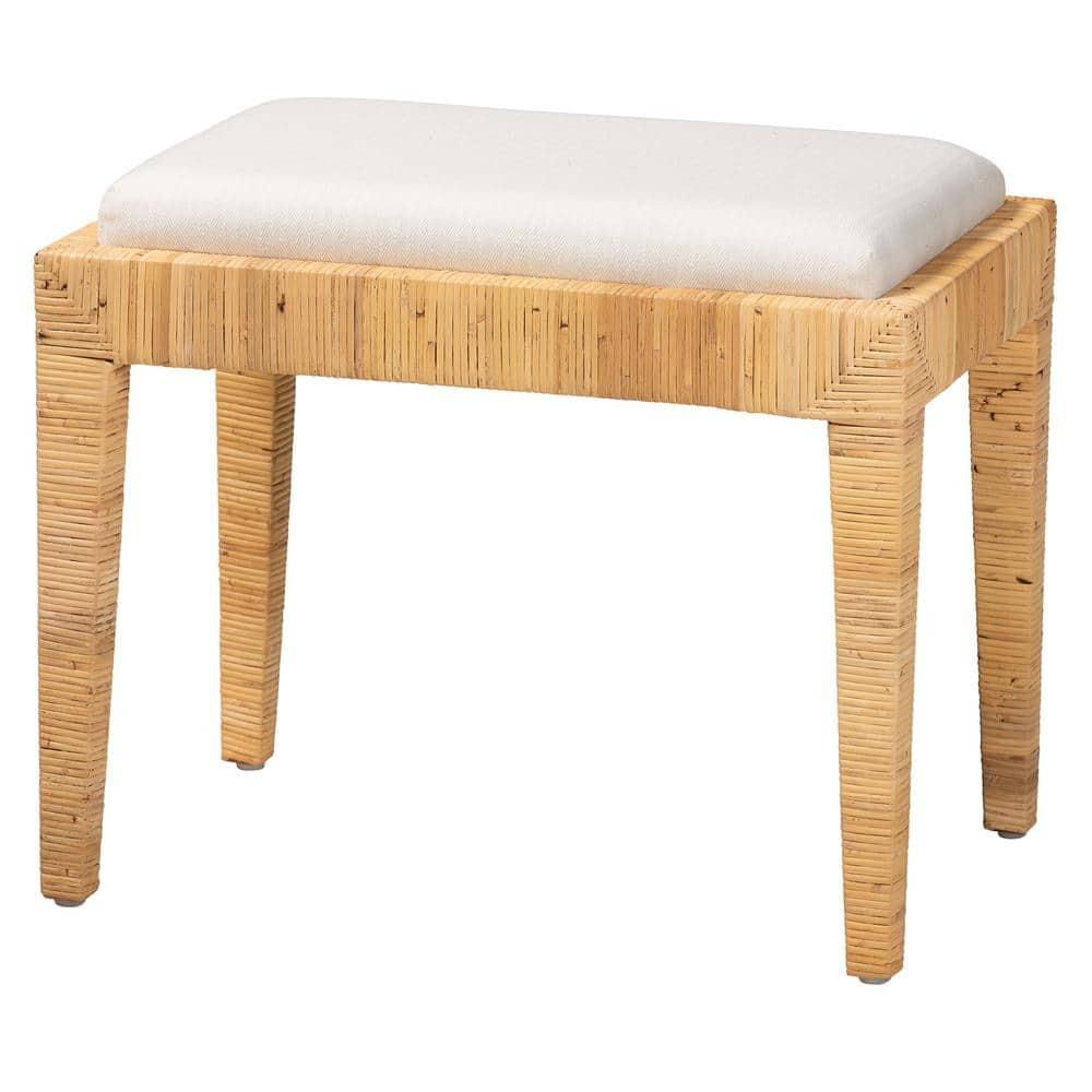 Sofia Rattan and Mahogany Wood Ottoman White/Natural Brown - Baxton Studio: Handmade, No Assembly Required