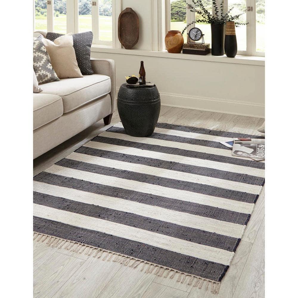 Unique Loom Chindi Rag Collection Area Rug - Striped (6' 1" x 9' Rectangle Navy Blue/Ivory)