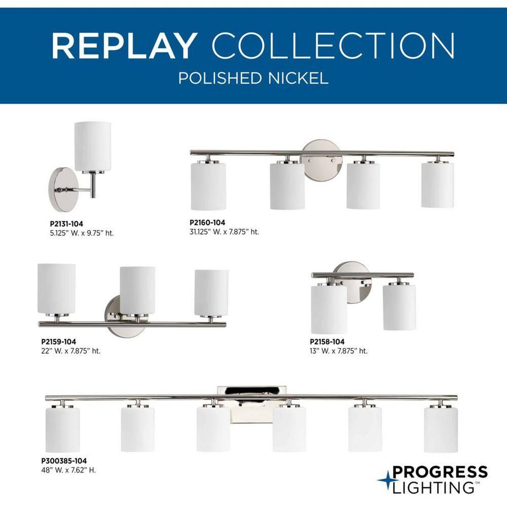 Progress Lighting Replay 4-Light Bath Vanity, Polished Nickel, Porcelain, Up/Down Mount, Brushed Nickel Finish, Shade Included