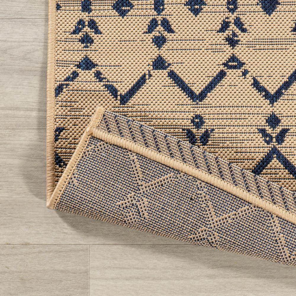 5' Round Ourika Moroccan Geometric Textured Weave Indoor/Outdoor Area Rug, Beige/Navy - JONATHAN Y