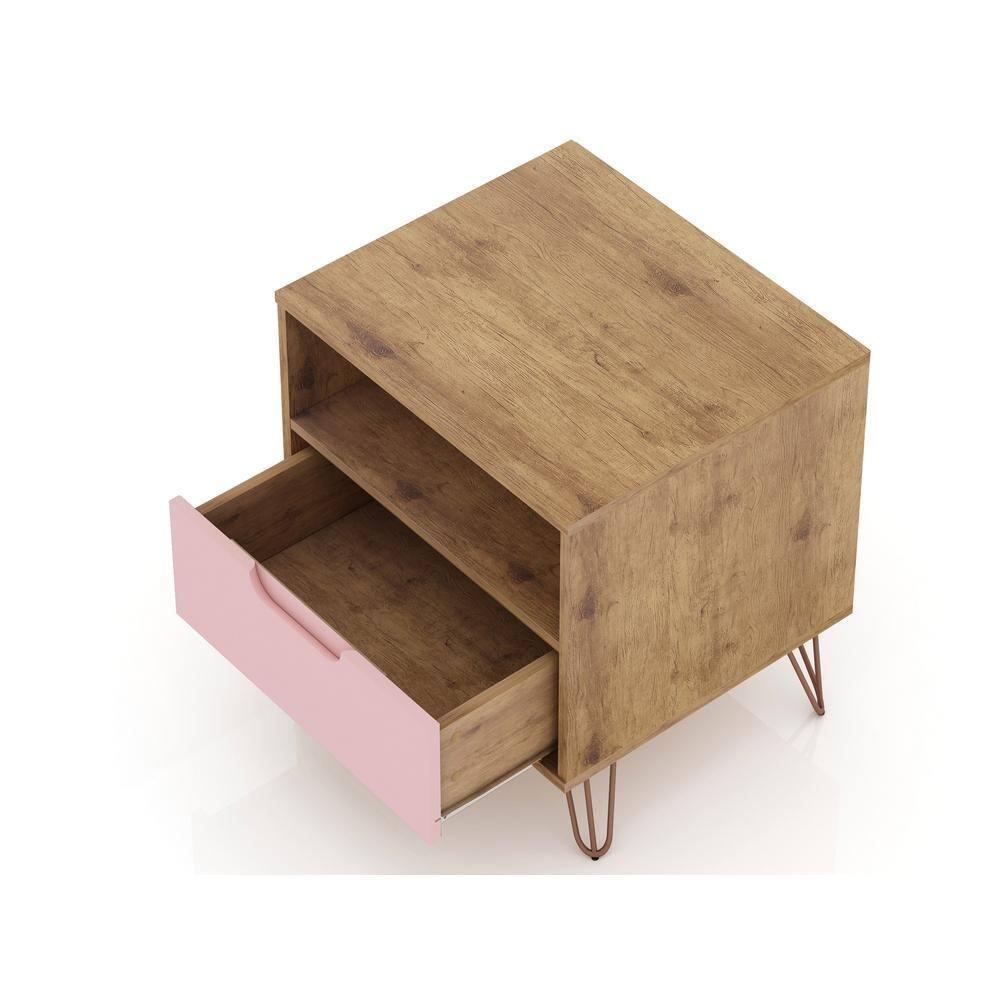 Set of 2 Rockefeller 1 Drawer Nightstands Nature/Rose Pink - Manhattan Comfort: Mid-century Design, Metal Legs, MDF