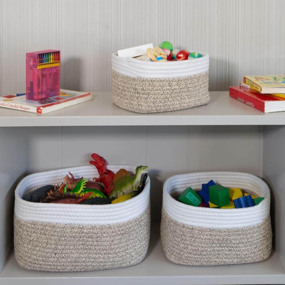 Home-Complete 3pc Storage Basket Set Natural: Cotton Square Decorative Bins for Shelves, Hand Wash, 12"x8.5"x5.5"