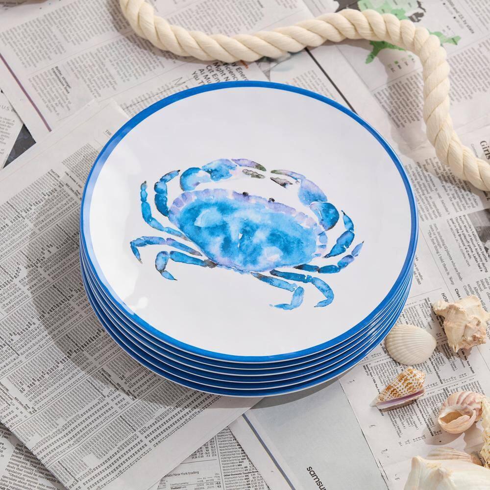 Blue Crab Melamine 11-Inch Dinner Plates Set for Coastal Dining