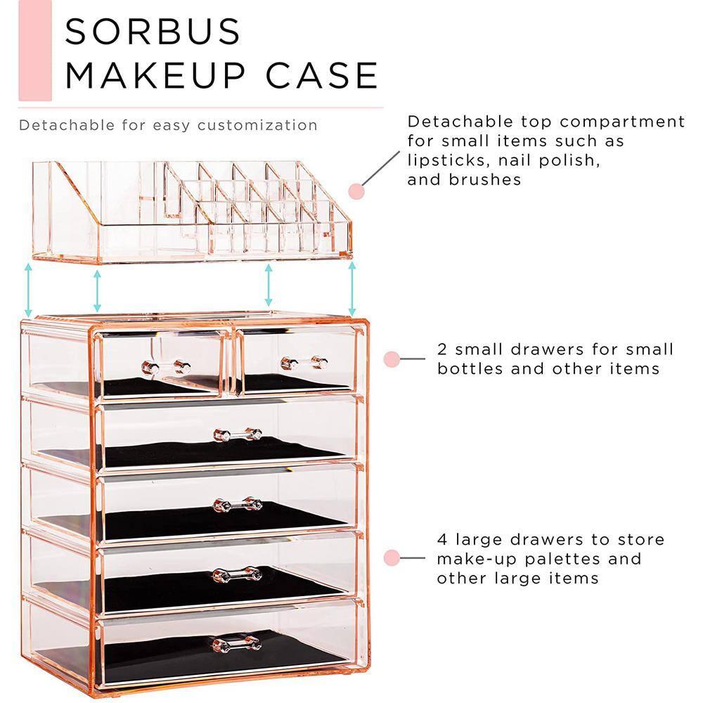 Sorbus 2 Piece Acrylic Makeup and Jewelry Storage Organizer Case (6 Drawers and Lipstick Tray) - Pink