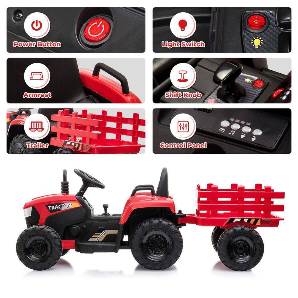 12V Kids Ride On Tractor with Trailer, Battery Powered Electric Car with Music, USB, Music, LED Lights