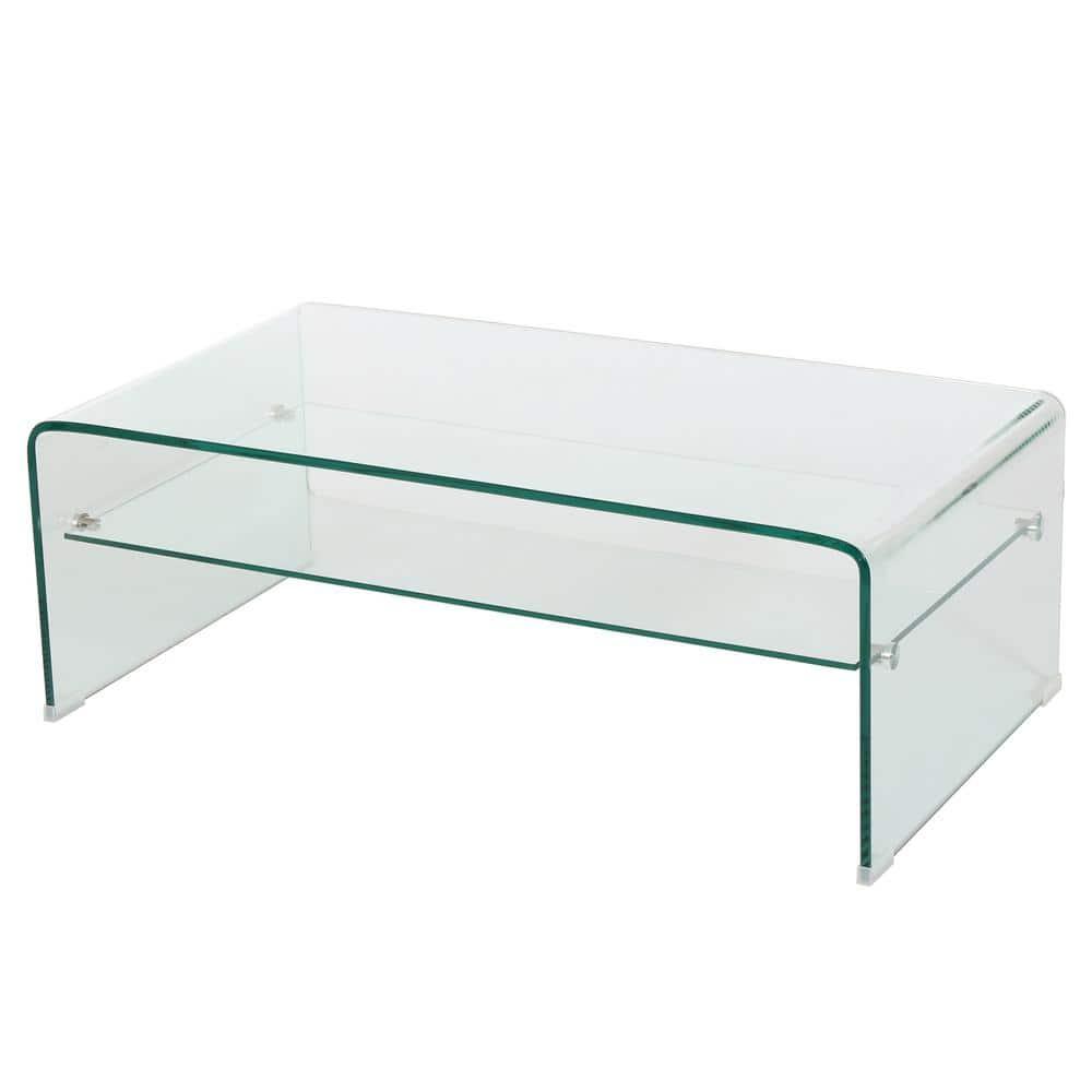 Sleek Mirage 39.4" Clear Tempered Glass Rectangular Coffee Table with Shelf